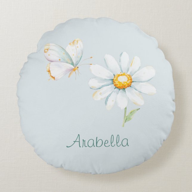 Pretty Pastel Watercolor Butterfly and Daisy Rundes Kissen (Vorderseite)