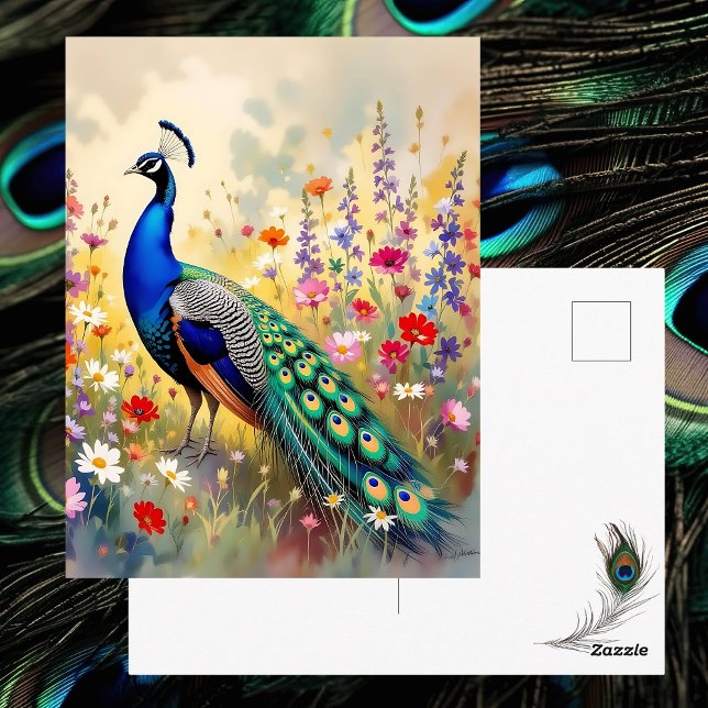 Pretty Peacock in Floral Meadow | Saying Hi Postkarte (Von Creator hochgeladen)