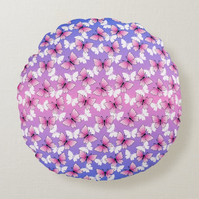 Pretty Pink and White Butterfly Round Pillow  Rundes Kissen (Vorderseite)
