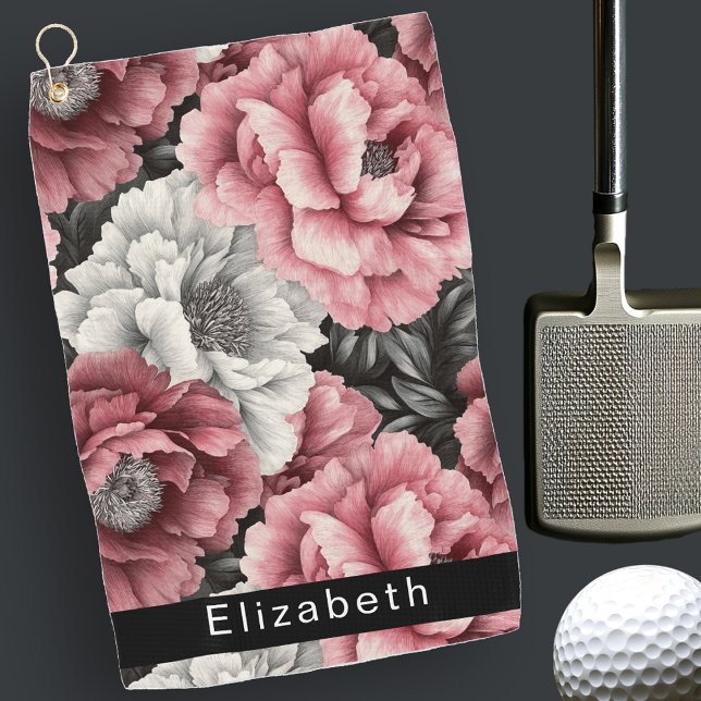 Pretty Pink and White Peony Personalized Golfhandtuch (Von Creator hochgeladen)