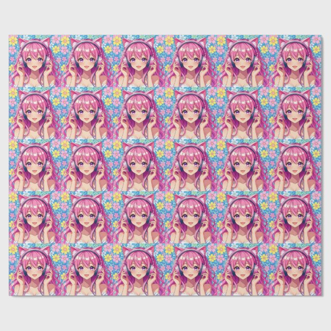 Pretty Pink Anime Girl's Birthday Party Geschenkpapier (Flach)