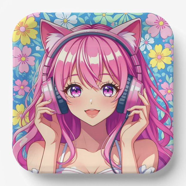 Pretty Pink Anime Girl's Birthday Party Pappteller (Vorderseite)