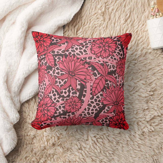 Pretty Pink Black Floral Leopard Print Pattern Kissen (Decke)