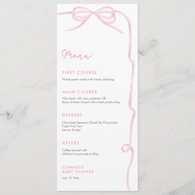 Pretty Pink Bow Baby Girl Shower Party Menükarte (Vorderseite)