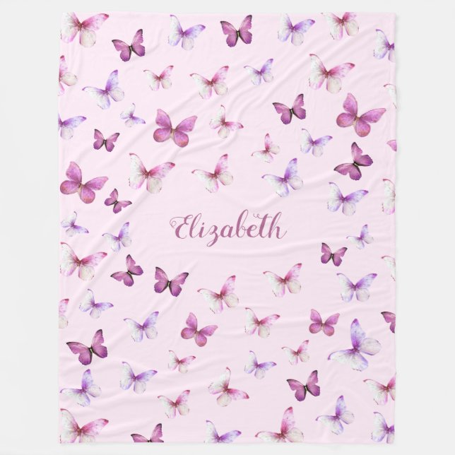 Pretty Pink Butterflies Custom Name Girl Fleecedecke (Vorderseite)