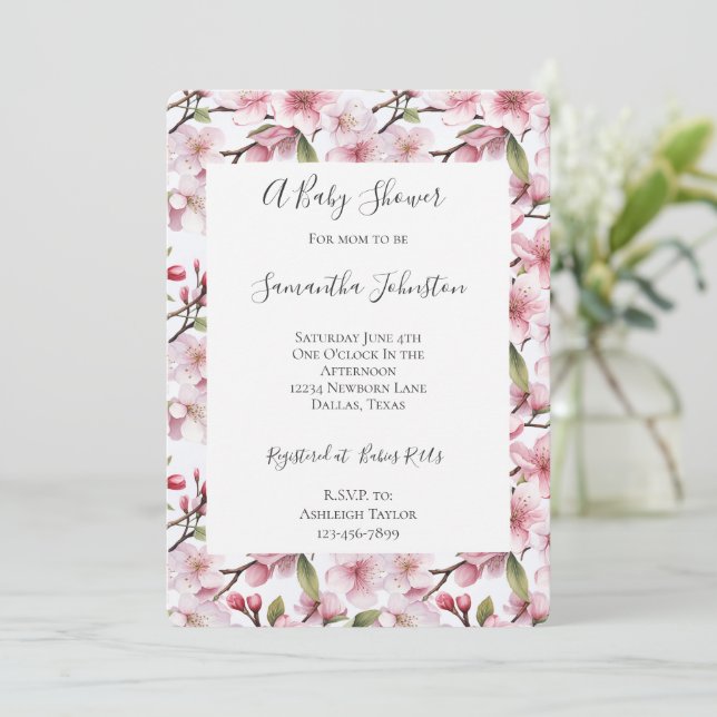 Pretty Pink Cherry Blossom Floral Baby Shower Einladung (Stehend Vorderseite)