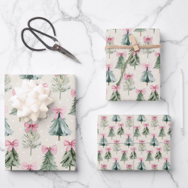 Pretty Pink Coquette Bow Christmas Tree Pattern Geschenkpapier Set (Vorderseite)