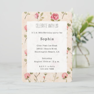 Pretty Pink Cream Roses Floral Birthday Einladung