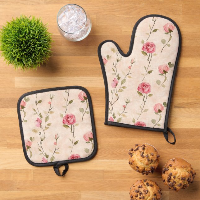 Pretty Pink Cream Roses Floral  Ofenhandschuh & Topflappen-Set (Oben Unten)
