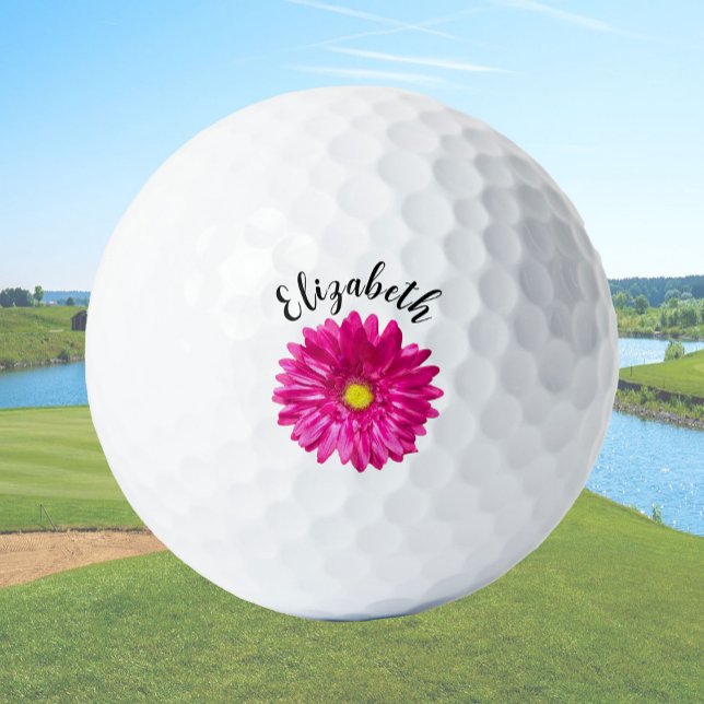 Pretty pink daisy flower custom name womens golfball (Von Creator hochgeladen)