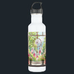 Pretty Pink Dreamcatcher and Plants Window Sill Edelstahlflasche<br><div class="desc">A gorgeous water bottle with an ai illustration of a beautiful pink feathered dreamcatcher hanging in the window with a shelf of pink and white potted flowers under it,  overlooking a yard full of Lucius green trees.</div>
