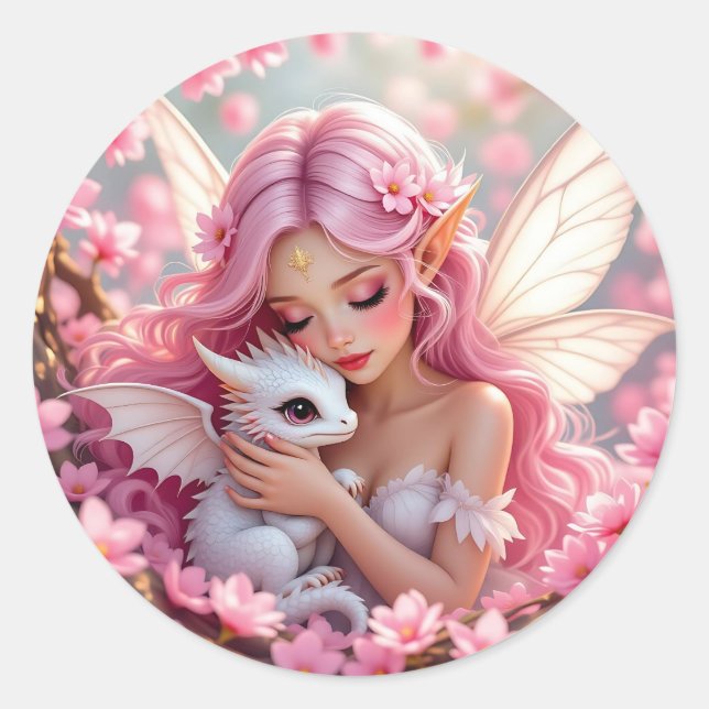 Pretty Pink Elven Fairy & Dragon  Runder Aufkleber (Vorderseite)