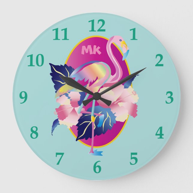 Pretty Pink Flamingo Tropical Hibiscus Flowers Große Wanduhr (Vorderseite)
