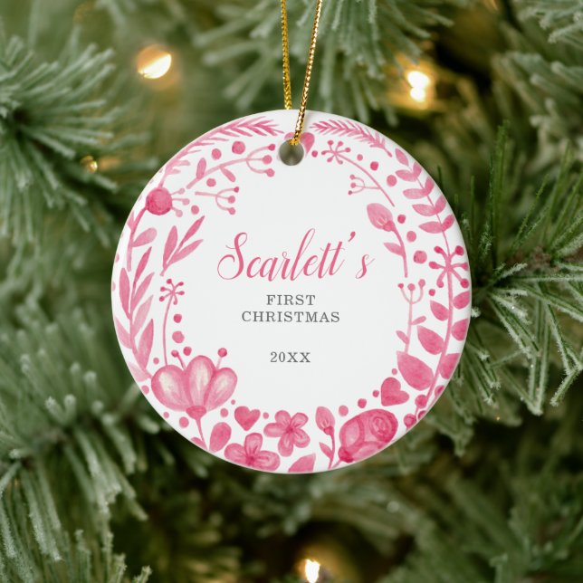 Pretty Pink Floral Custom Baby's First Christmas Keramik Ornament (Baum)