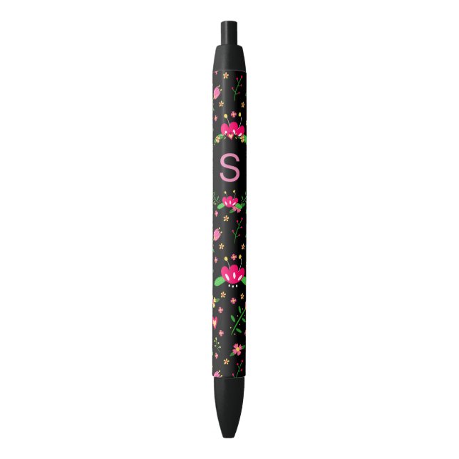 Pretty Pink Floral on Black Monogram Kugelschreiber (Vorderseite Vertikal)