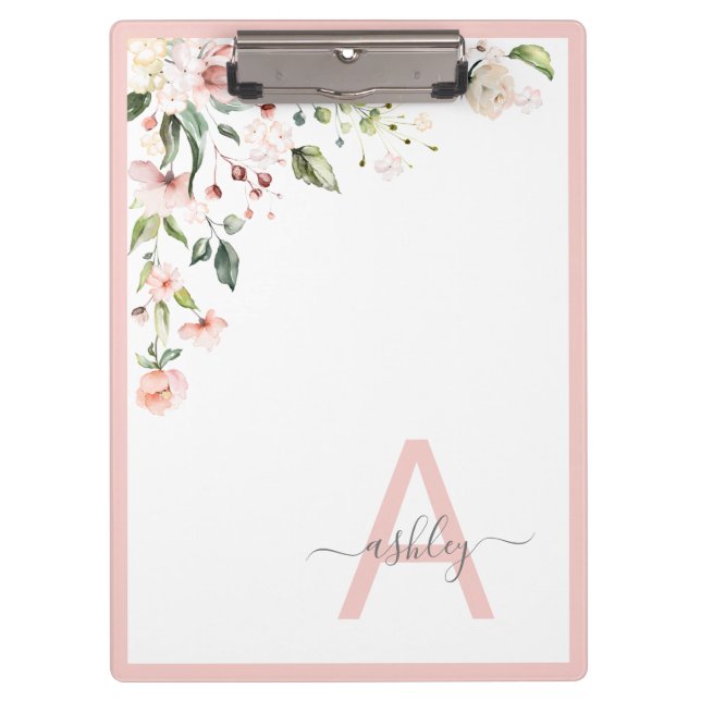 Pretty Pink Floral Script Monogram Initial Name Klemmbrett (Vorderseite)