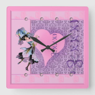 Pretty Pink Flower Fairy Accessories - add name Quadratische Wanduhr