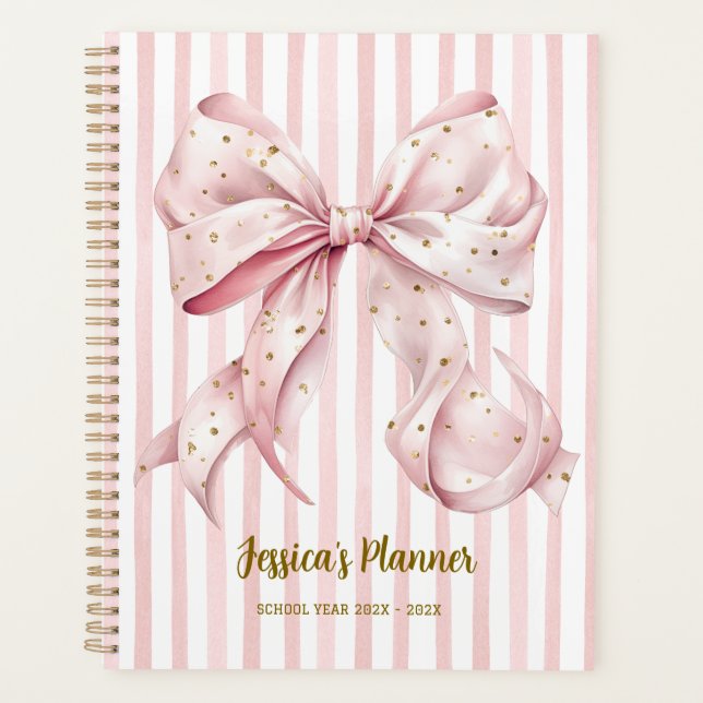 Pretty Pink Gold Confetti Bow School Planner (Devant)