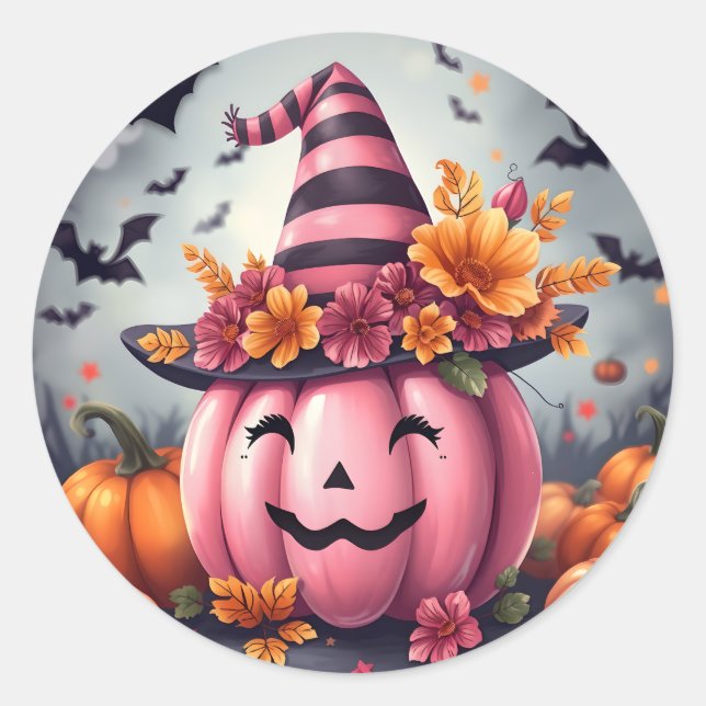 Pretty Pink Halloween Pumpkin Jack-o-lantern Runder Aufkleber (Vorderseite)