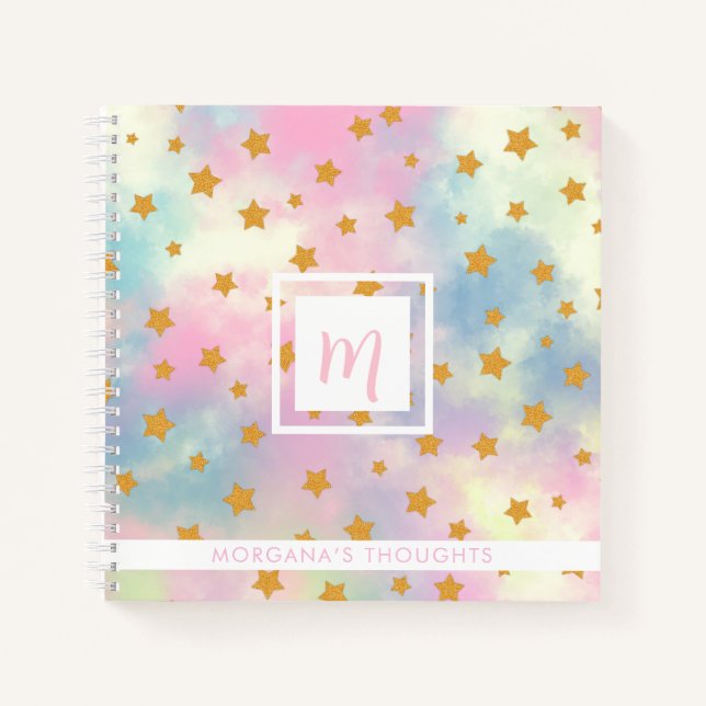 Pretty Pink Pastel with Gold Stars Monogram Square Notizbuch (Vorderseite)