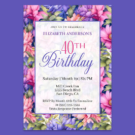 Pretty Pink Purple Garden Flowers 40th Birthday  Einladung