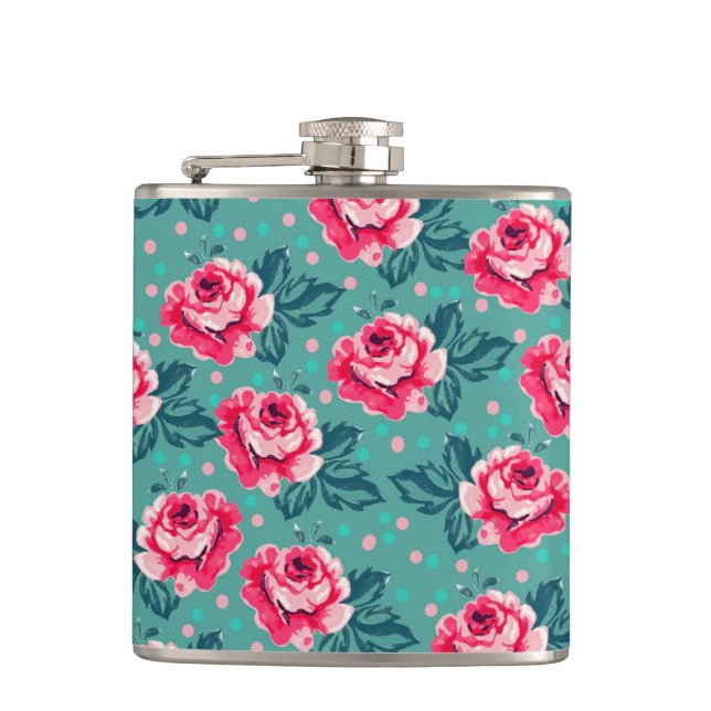 Pretty Pink Roses and Polka Dot Pattern on Teal Flachmann (Vorderseite)