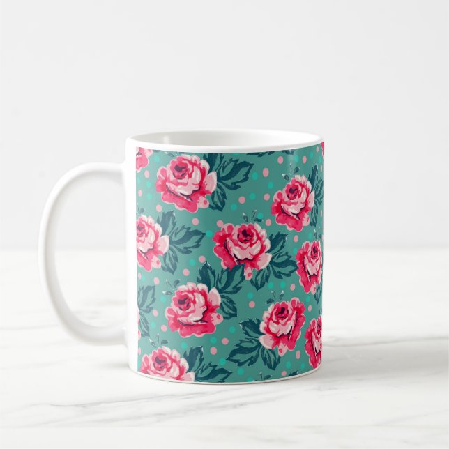 Pretty Pink Roses and Polka Dot Pattern on Teal Kaffeetasse (Links)