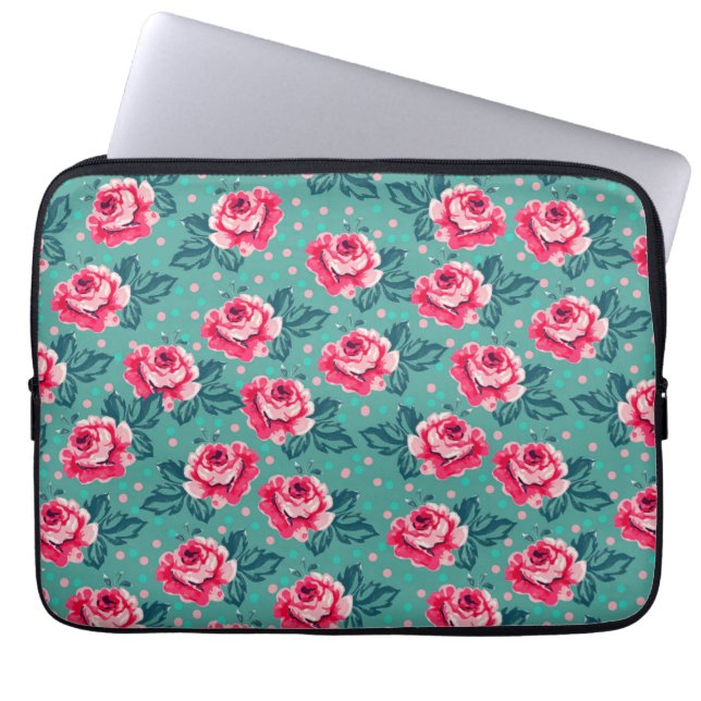Pretty Pink Roses and Polka Dot Pattern on Teal Laptopschutzhülle (Vorderseite)