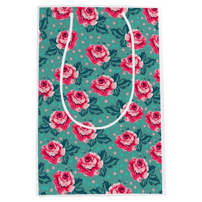 Pretty Pink Roses and Polka Dot Pattern on Teal Mittlere Geschenktüte (Vorderseite)