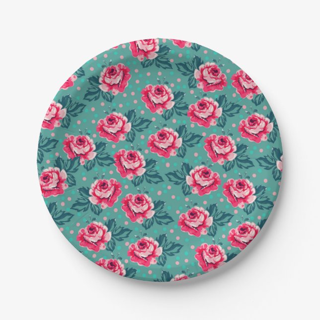 Pretty Pink Roses and Polka Dot Pattern on Teal Pappteller (Vorderseite)