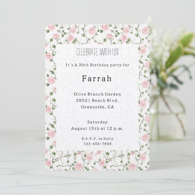 Pretty Pink Roses Floral Birthday   Einladung (Stehend Vorderseite)