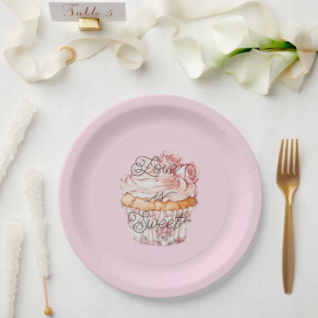 Pretty Pink Roses Floral Cupcake Bridal Shower Pappteller (Hochzeit)