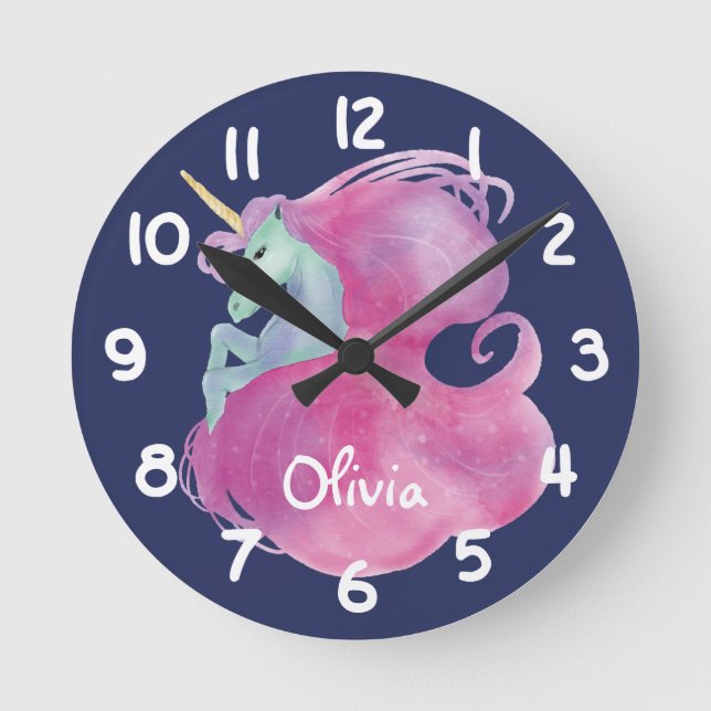 Pretty Pink Unicorn Kids Personalized Runde Wanduhr (Vorderseite)