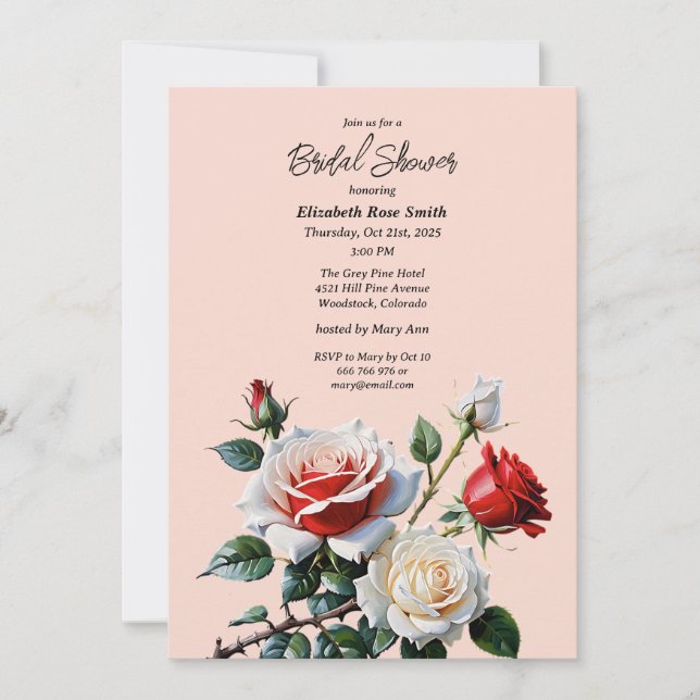 Pretty pink white red roses bridal shower einladung (Vorderseite)