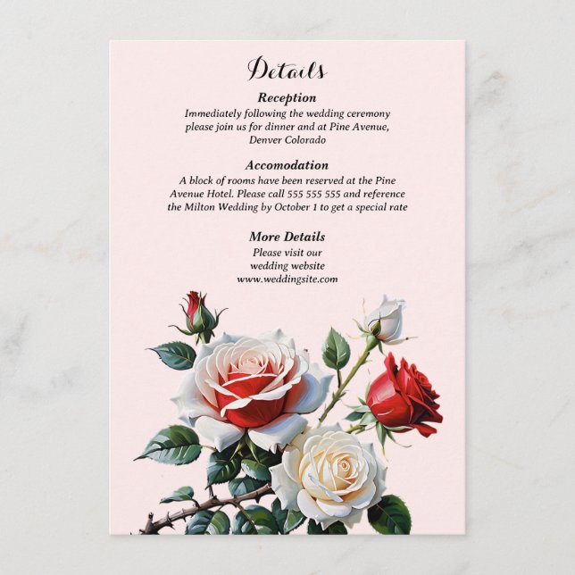Pretty pink white red roses floral wedding begleitkarte (Vorderseite)