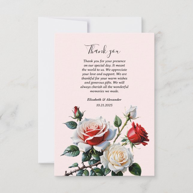 Pretty pink white red roses floral wedding  dankeskarte (Vorderseite)
