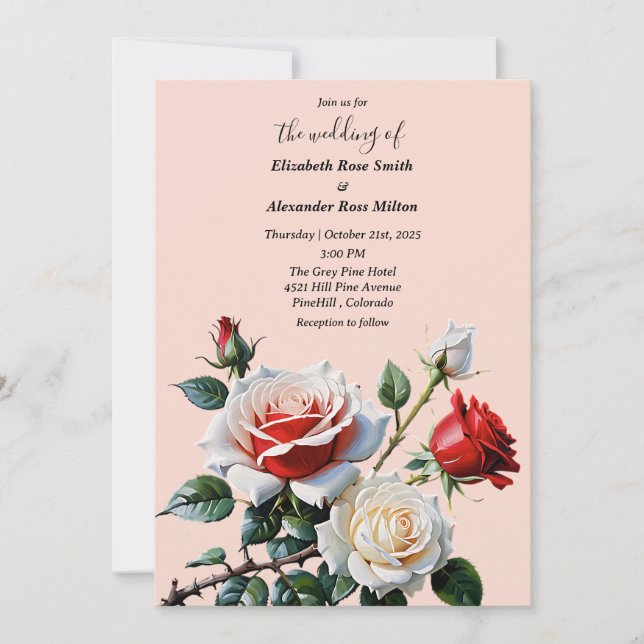 Pretty pink white red roses floral wedding einladung (Vorderseite)