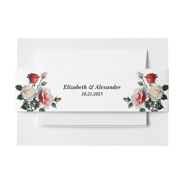Pretty pink white red roses floral wedding  einladungsbanderole (Vorderseite Beispiel)