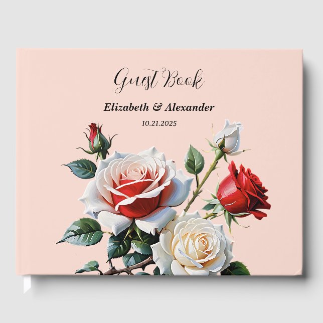 Pretty pink white red roses floral wedding  gästebuch (Vorderseite)