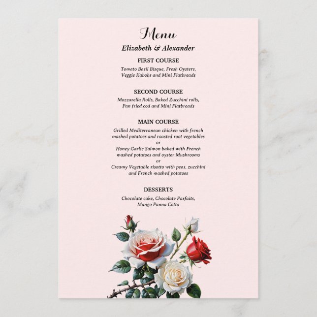Pretty pink white red roses floral wedding  menükarte (Vorderseite)