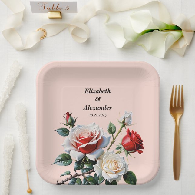 Pretty pink white red roses floral wedding pappteller (Hochzeit)