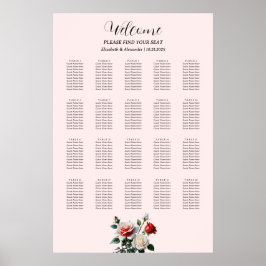 Pretty pink white red roses seating chart poster