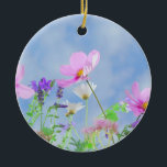 Pretty Pink Wild Flower Meadow Keramik Ornament<br><div class="desc">Pretty pink flowers and lavender meadow on a bright spring day against a blue sky.</div>