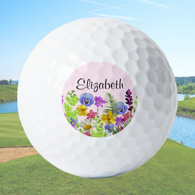 Pretty pink wildflowers with custom name womens golfball (Von Creator hochgeladen)