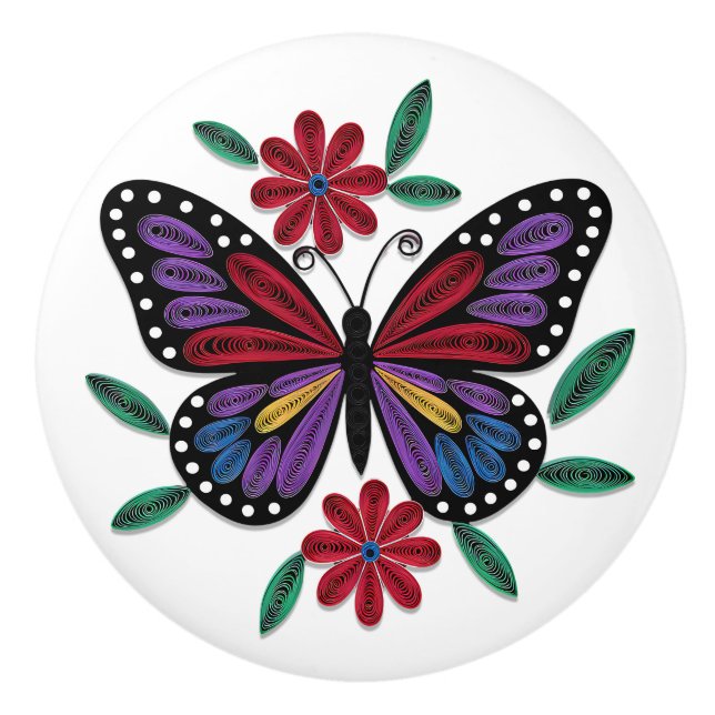 Pretty Purple & Burgundy Paper Quilling Butterfly Keramikknauf (Vorderseite)