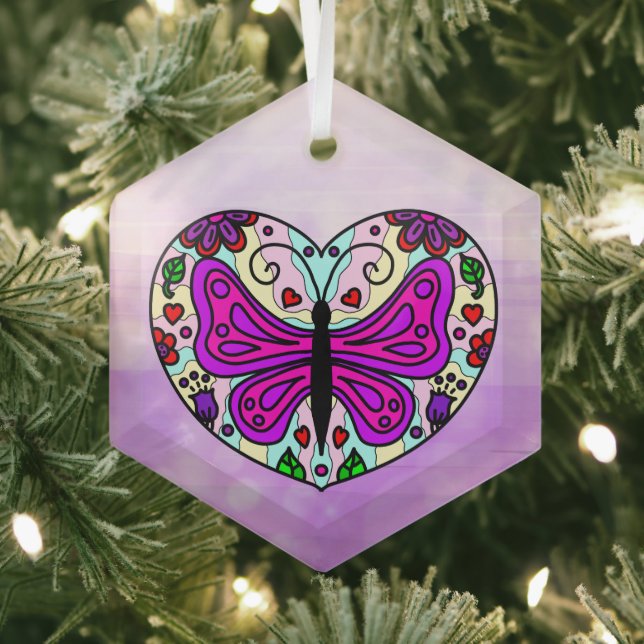 Pretty Purple Butterfly and Heart Mandala   Ornament Aus Glas (Insitu)