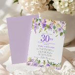 Pretty Purple Floral 30th Birthday Party Einladung<br><div class="desc">Honor a special woman with this elegant and feminine 30th Birthday party invitation. 30th is written in large purple text. Birthday celebration follows. The honored guest's name is also in purple capital letters. The birthday celebration details are surrounded top and bottom purple floral borders. The floral elements are nestled in...</div>