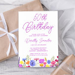 Pretty Purple Wildflower Adult 50th Birthday Einladung<br><div class="desc">A pretty wildflower border decorates the bottom of this adult 50th birthday invitation. Purple, blue, yellow and orange flowers create a colorful and happy design to celebrate this milestone birthday. Modern and simple purple calligraphy adds a trendy touch to keep it fresh. The open and carefree lettering flow coordinates perfectly...</div>
