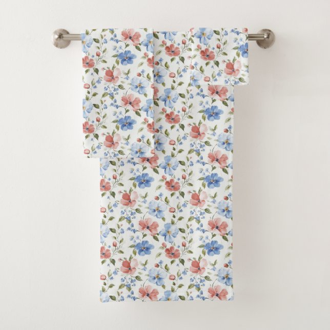 Pretty Red Blue Flowers Birthday Badhandtuch Set (Insitu)