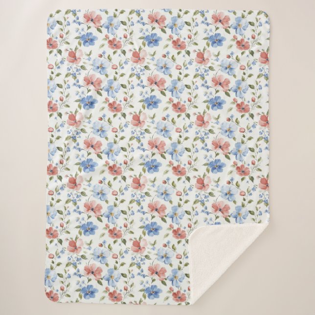 Pretty Red Blue Flowers Birthday Sherpadecke (Vorderseite)